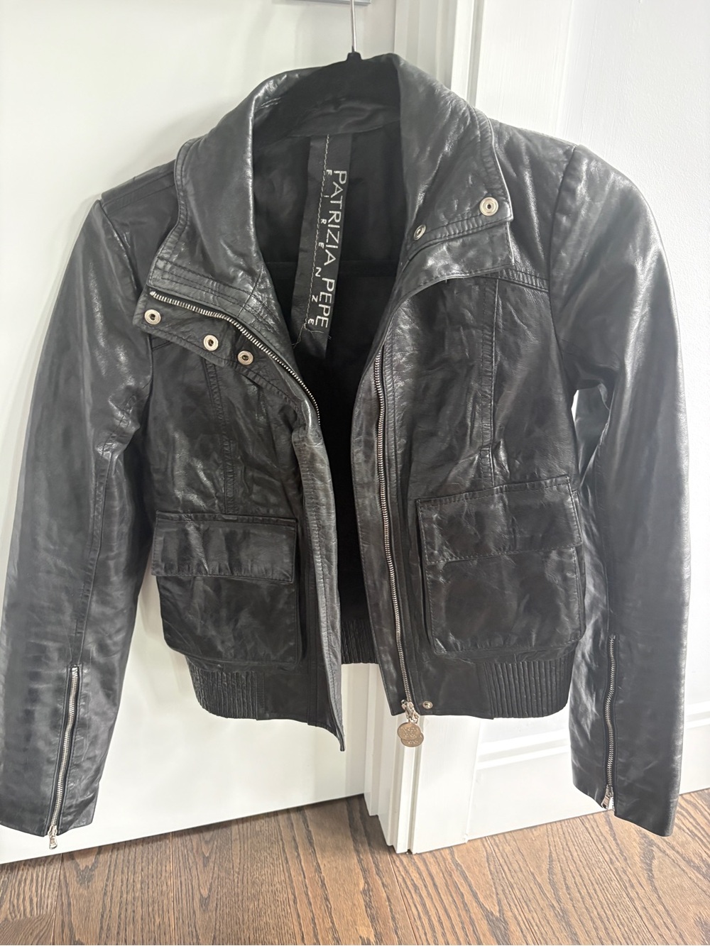 Patrizia Pepe Black Leather Jacket with Silver Hardware